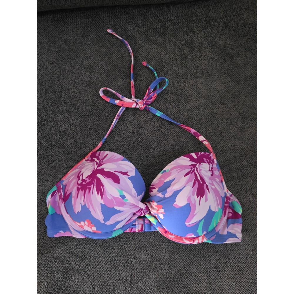 Aerie Blue Floral Push Up Halter Bikini Top Underwire Swim 34C 9005560494